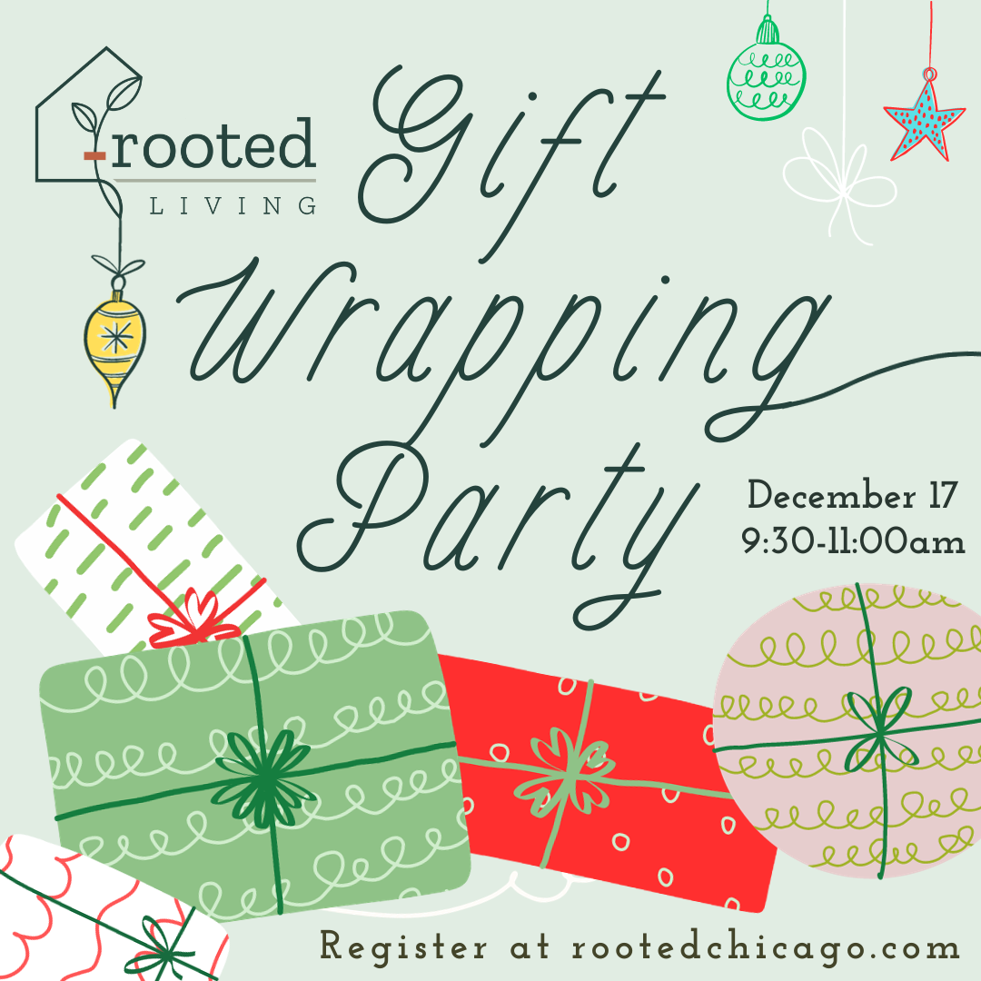 Graphic design image with colorful holiday presents and ornaments for a gift wrapping party at Rooted Living