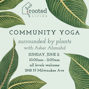 Graphic image of green leaves with the words Community Yoga surrounded by plants at Rooted Living
