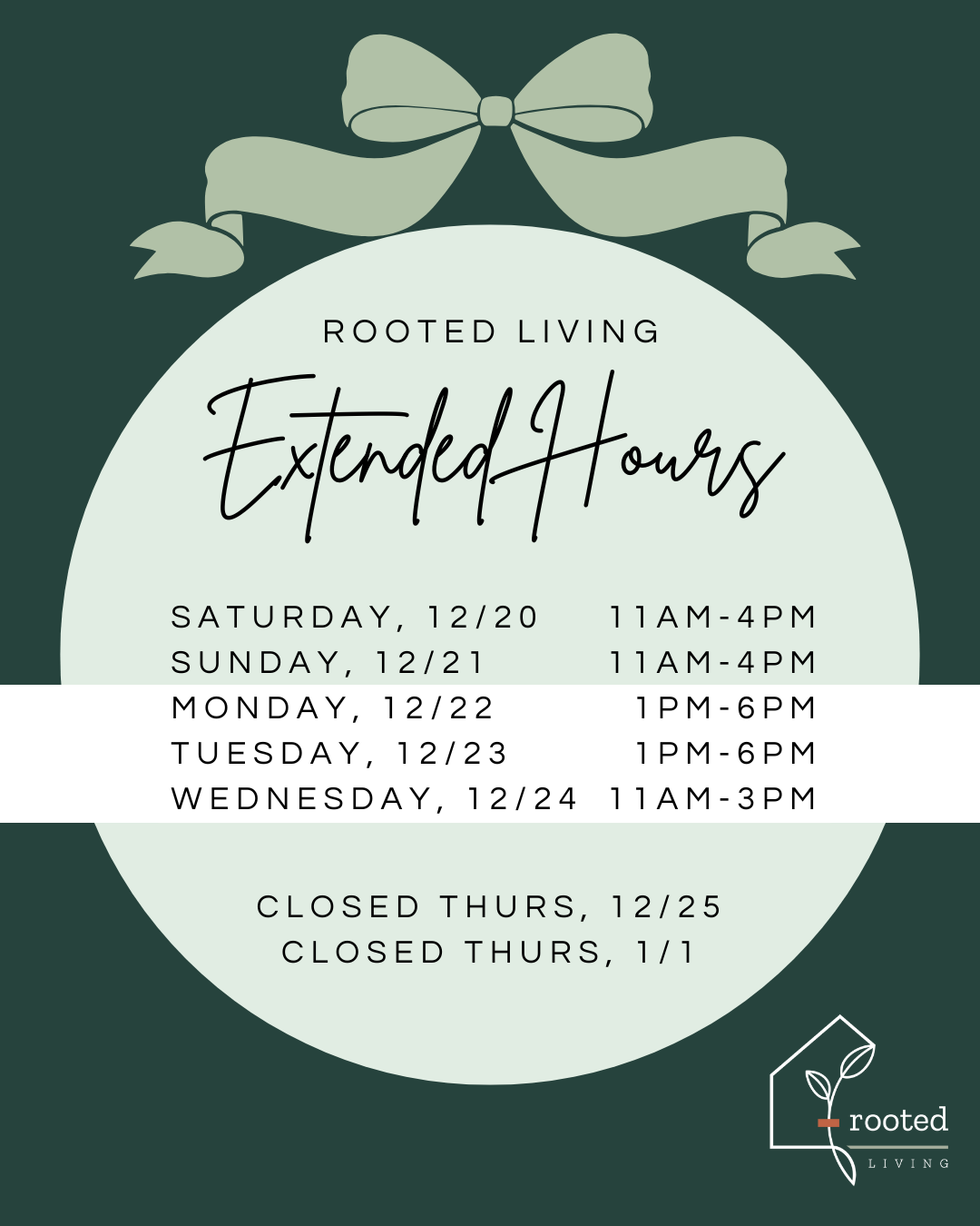 Extended Holiday Hours || Open Christmas Eve! – Rooted Living Chicago