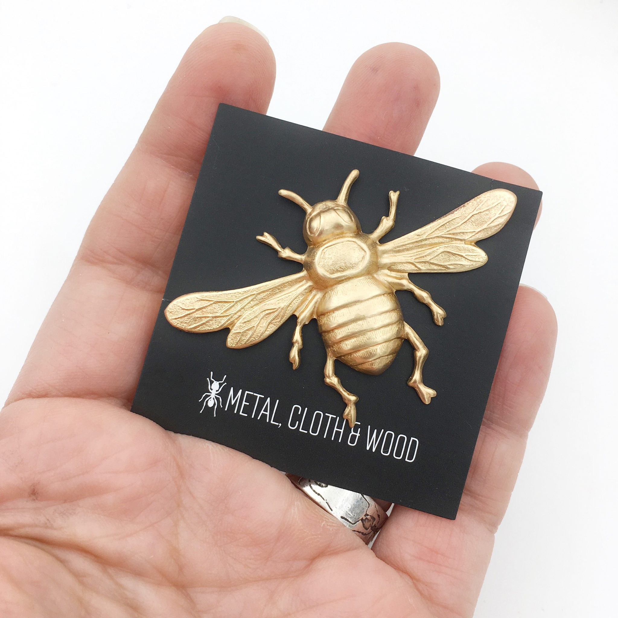 Metal Cloth & Wood - Brass Honeybee Insect Pin or Brooch: Bright Gold