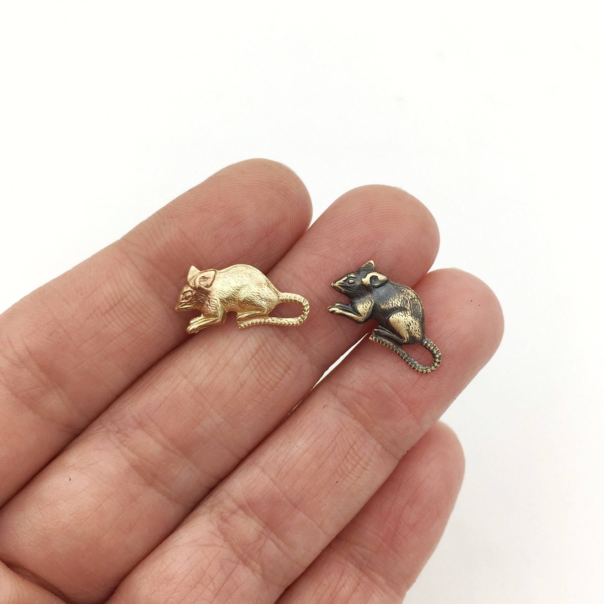 Metal Cloth & Wood - Rat or Mouse Lapel Pin Tie Tack or Brooch: Bright Gold