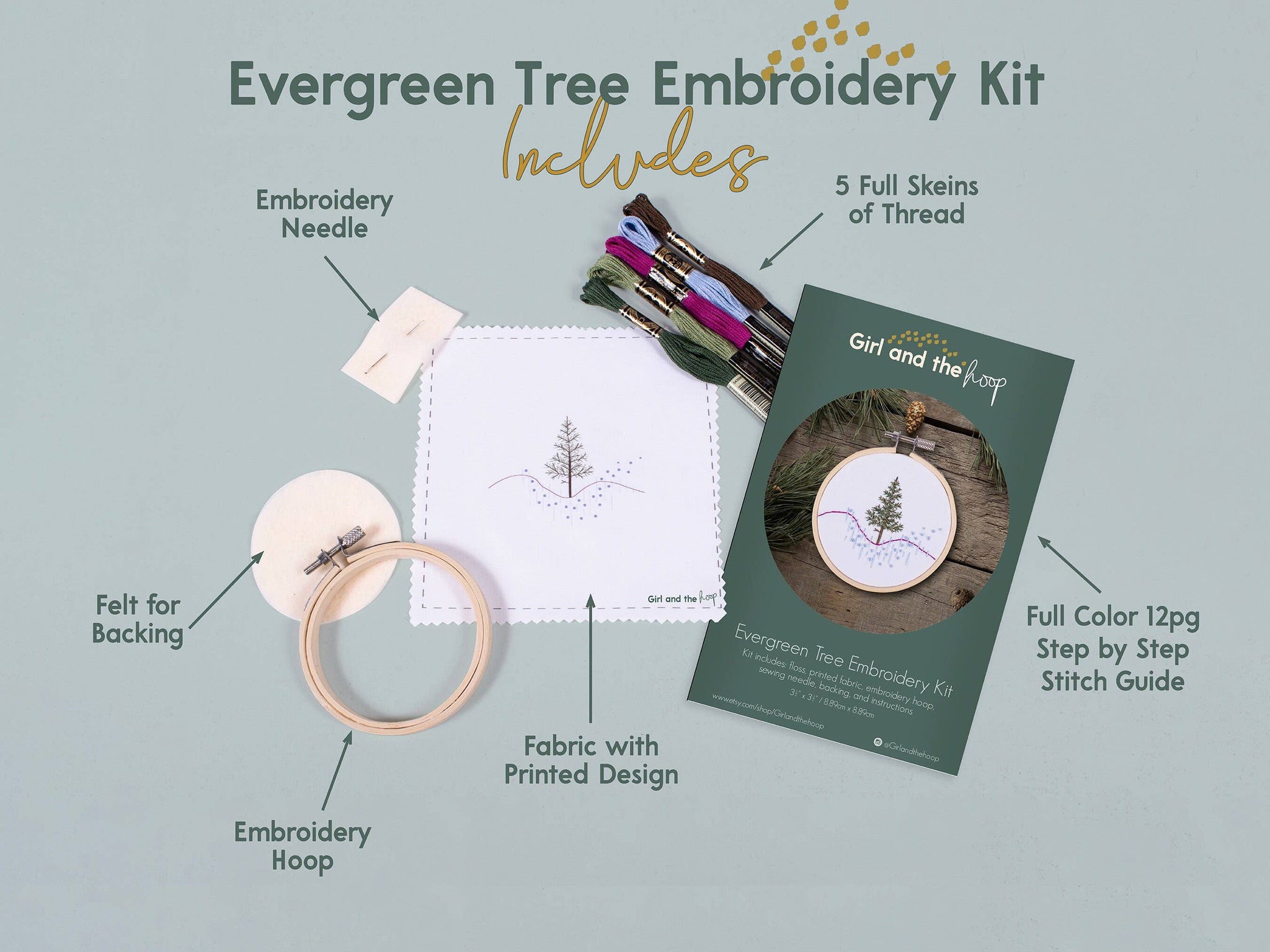 Girl and the Hoop - Beginner Embroidery Kit, Evergreen Tree